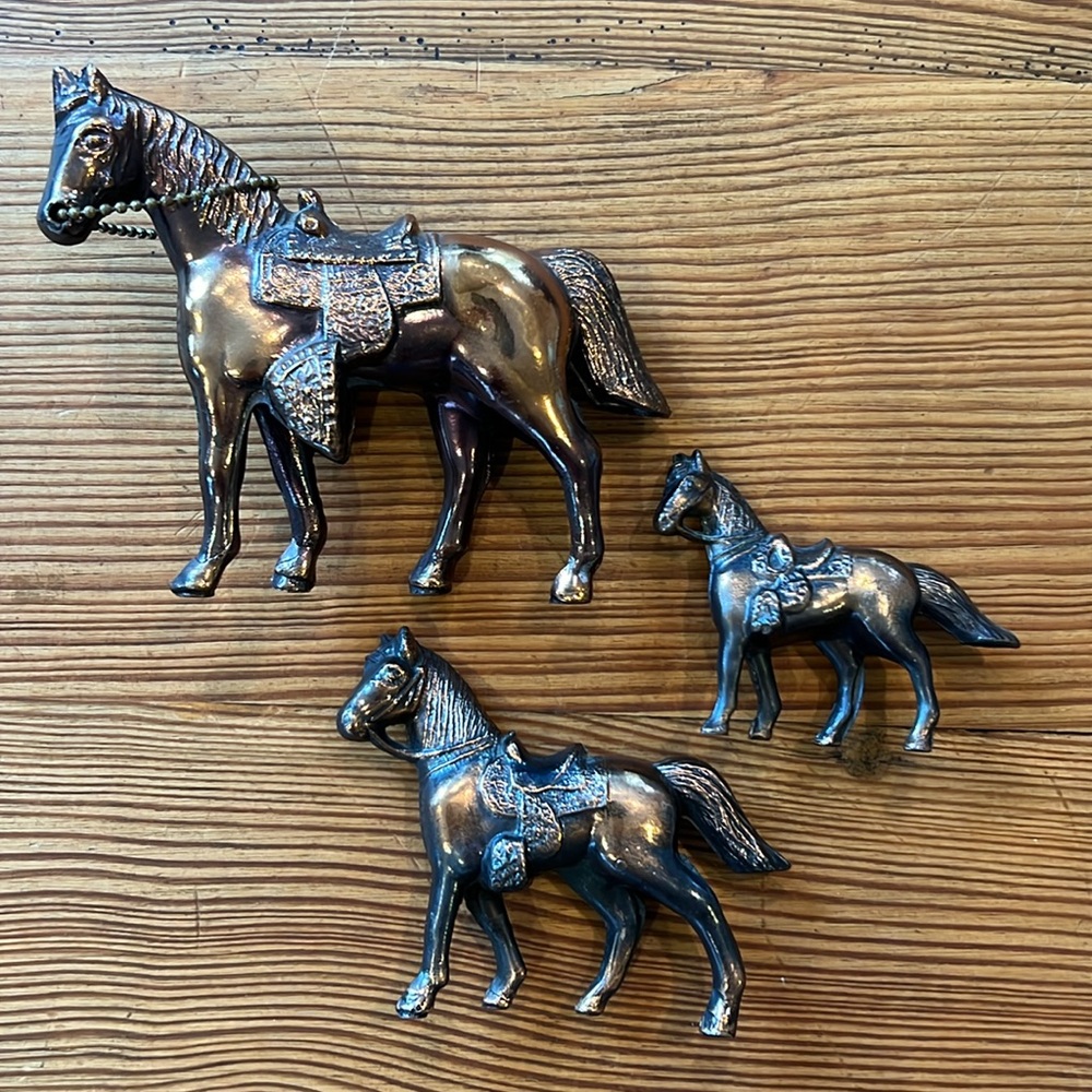 3 Copper Color Metal Horses- Western